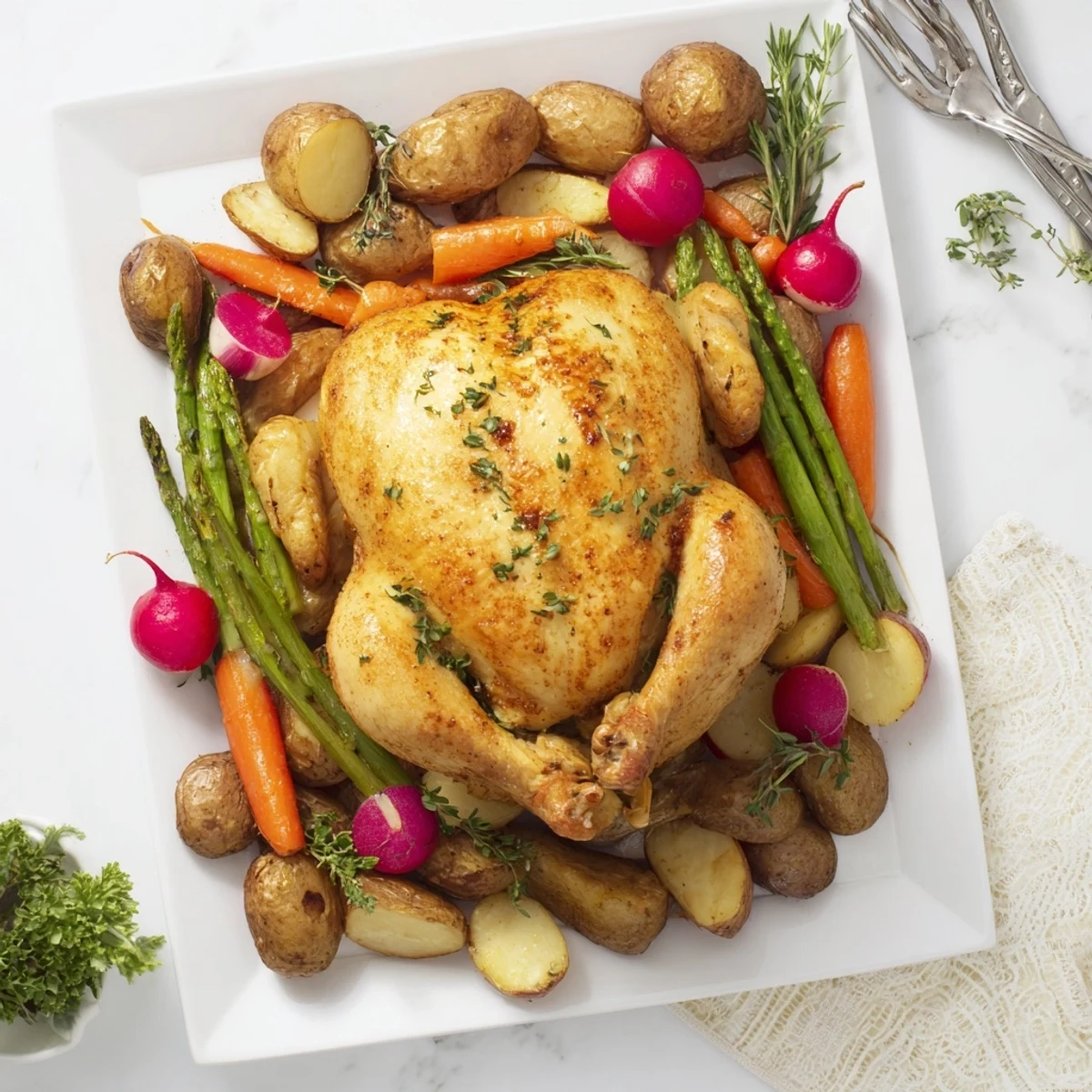 Golden herb roasted chicken with tender asparagus carrots and baby potatoes on a rustic roasting pan