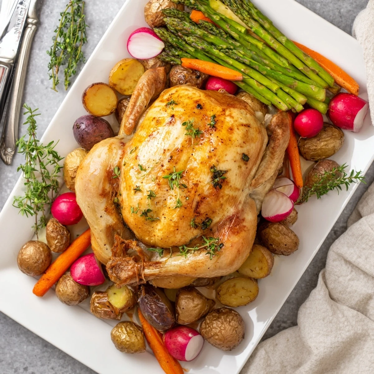 Whole herb roasted chicken surrounded by colorful spring vegetables ready for family dinner