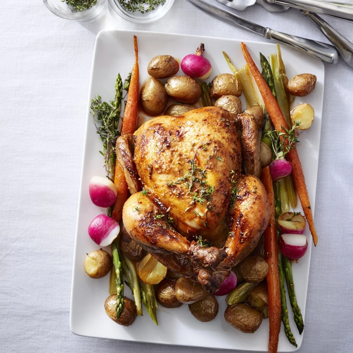 Crispy herb roasted chicken resting on a bed of roasted carrots radishes and fresh asparagus