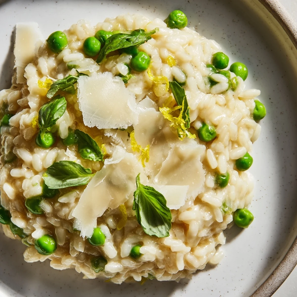 Spoonful of vibrant spring pea risotto showing creamy texture with fresh basil leaves and nutty Parmesan shavings