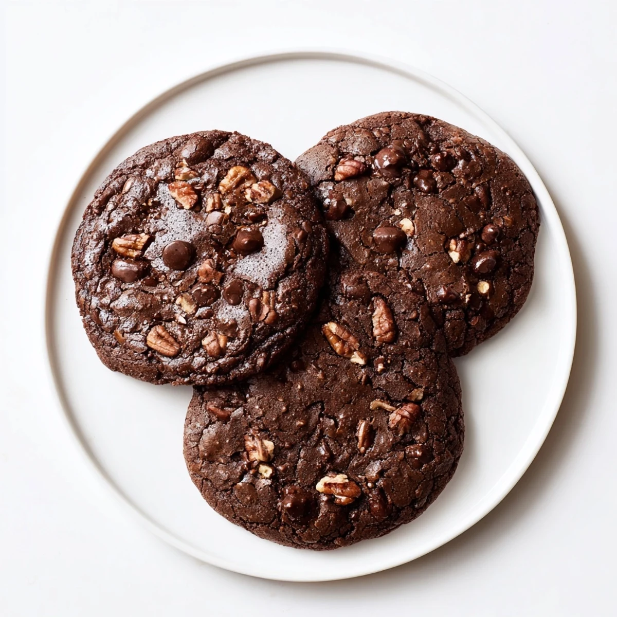 Batch of freshly baked sourdough brownie cookies cooling on wire rack with fudgy centers