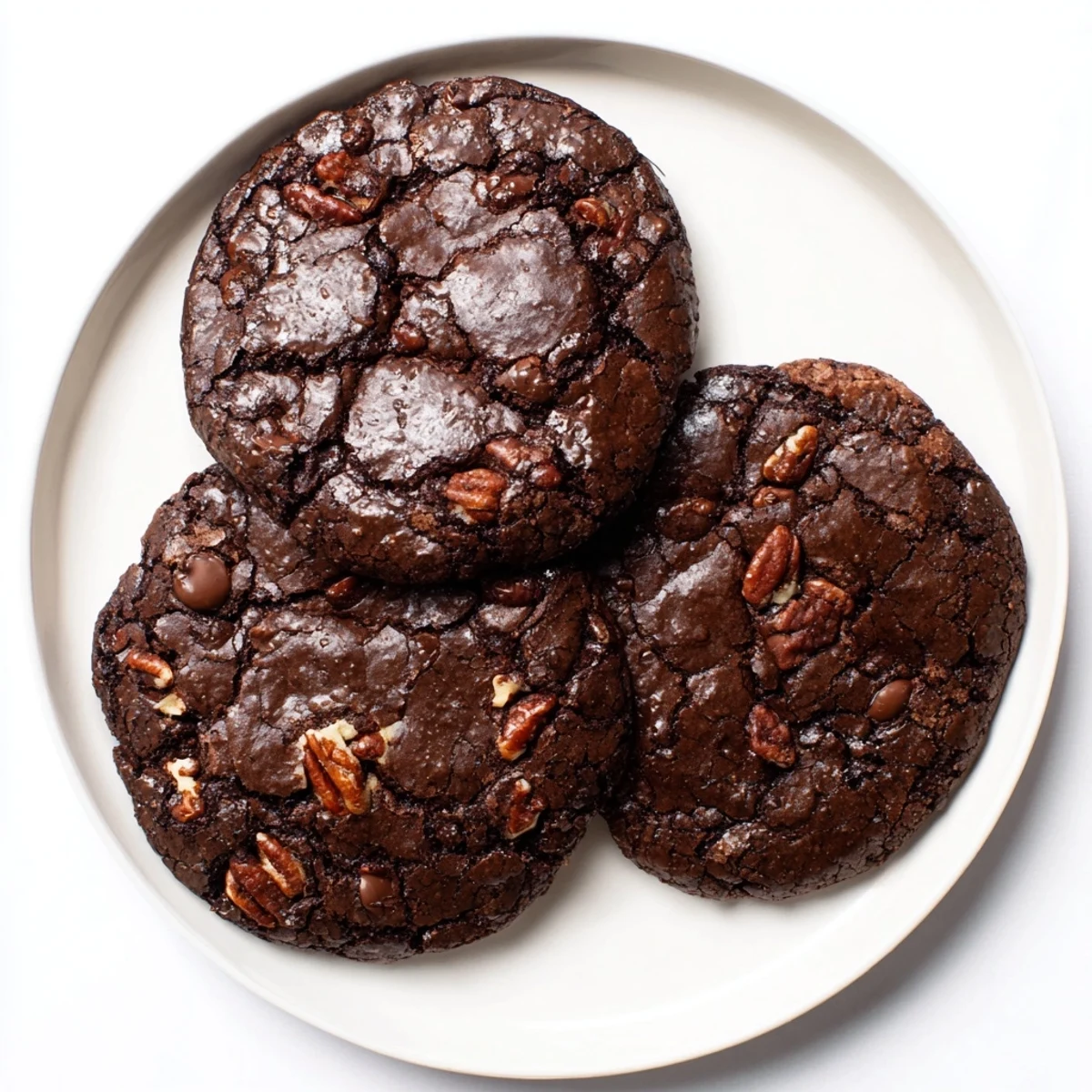 Close-up of chocolatey sourdough brownie cookies showing crisp edges and soft gooey interior
