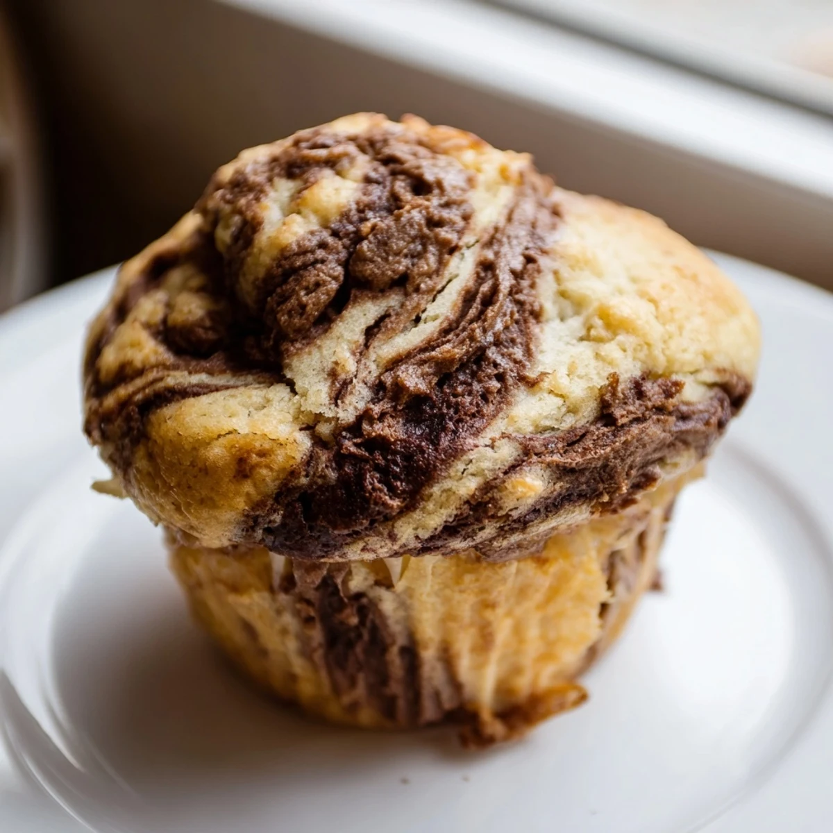 Twelve warm muffins featuring distinct chocolate hazelnut swirls against golden banana bread in a paper-lined muffin tin
