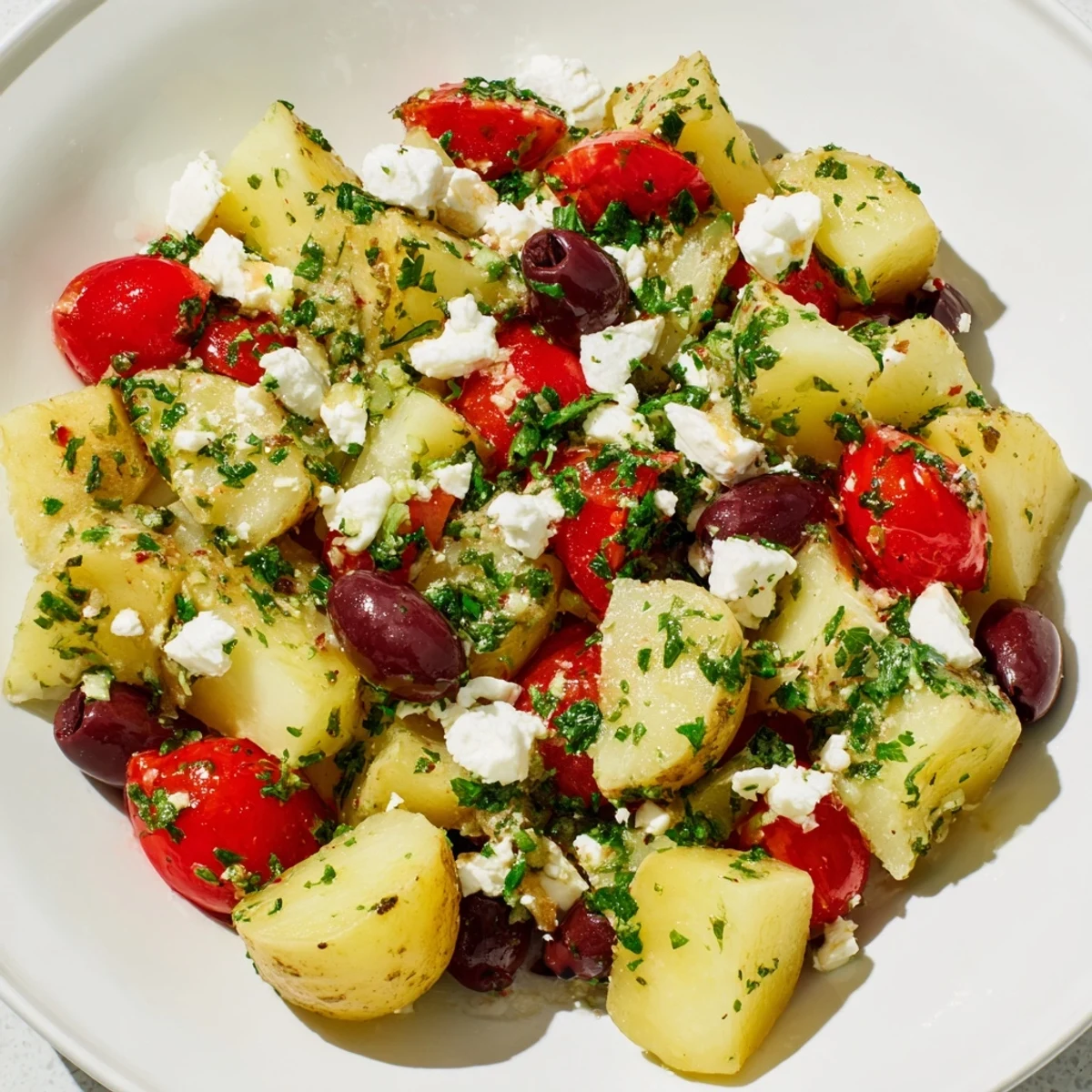 Golden Greek potato salad with tender potatoes, crisp vegetables, and tangy feta cheese