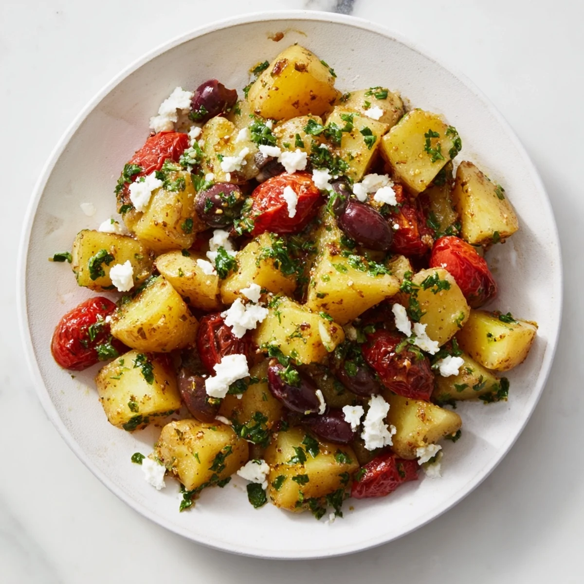 Vibrant Greek potato salad featuring Yukon Gold potatoes, Kalamata olives, and fresh vegetables