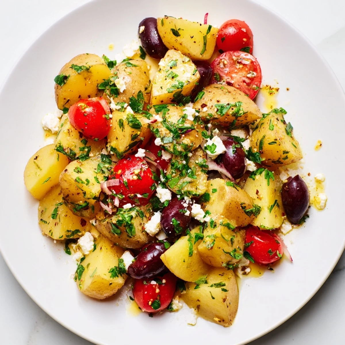 Fresh Greek potato salad tossed in lemon oregano dressing with cherry tomatoes and cucumber