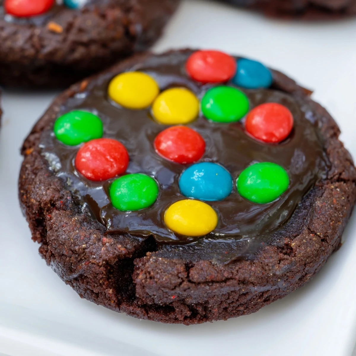 Fudgy Cosmic Brownie Cookies topped with smooth chocolate ganache and rainbow candy chips