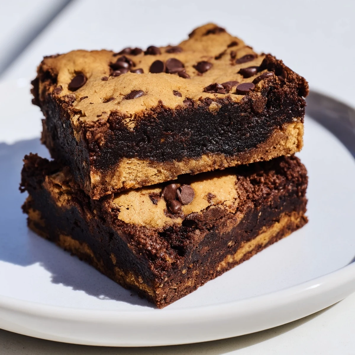 Freshly baked fudgy chewy browkies cut into squares with melted chocolate chips and crackled tops