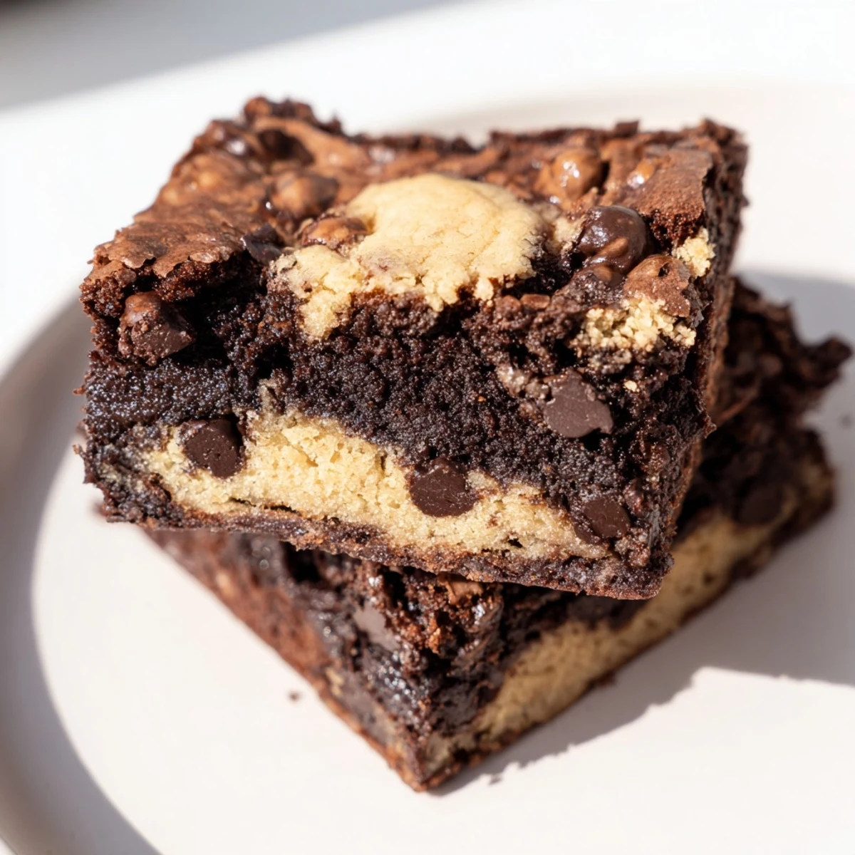 Golden fudgy chewy browkies bar dessert displaying dual layers of dark chocolate and cookie textures