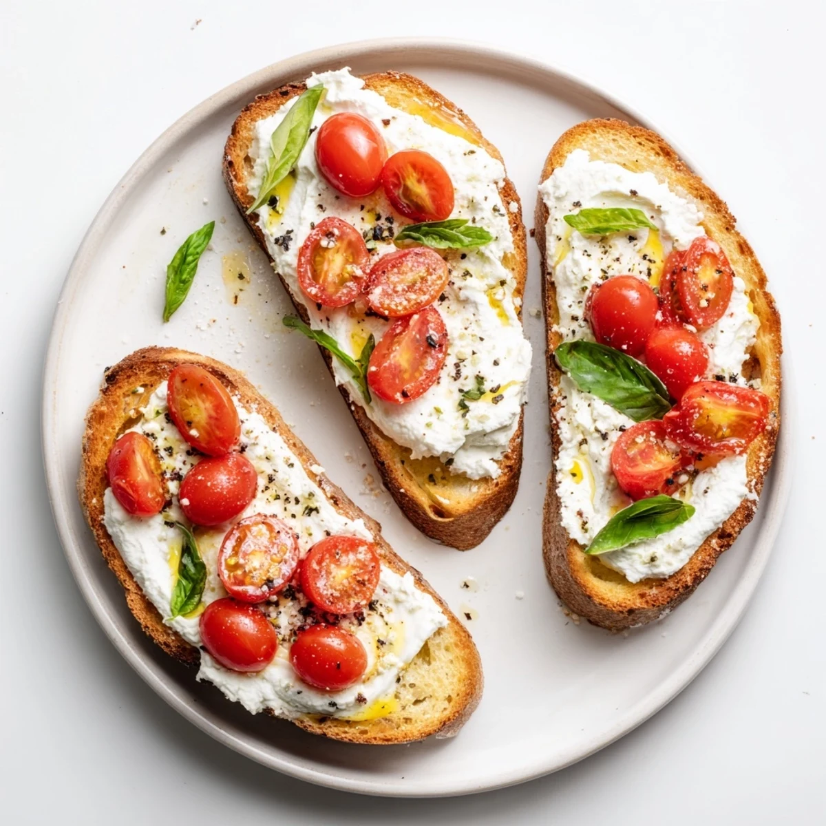 Crispy sourdough slice spread with creamy ricotta and topped with halved cherry tomatoes and basil