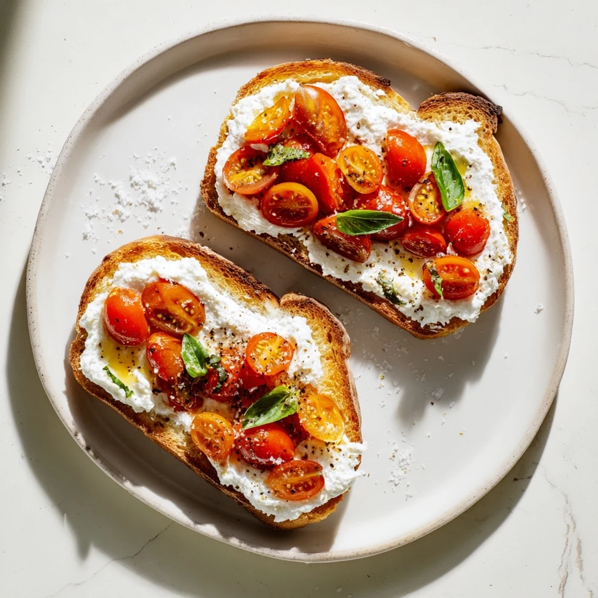 Golden ricotta tomato sourdough toast topped with fresh basil and juicy red cherry tomatoes