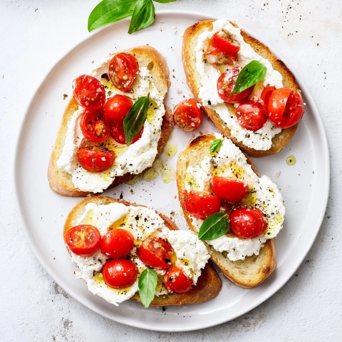 Vibrant Mediterranean-style ricotta tomato sourdough toast with fresh basil and drizzled balsamic glaze