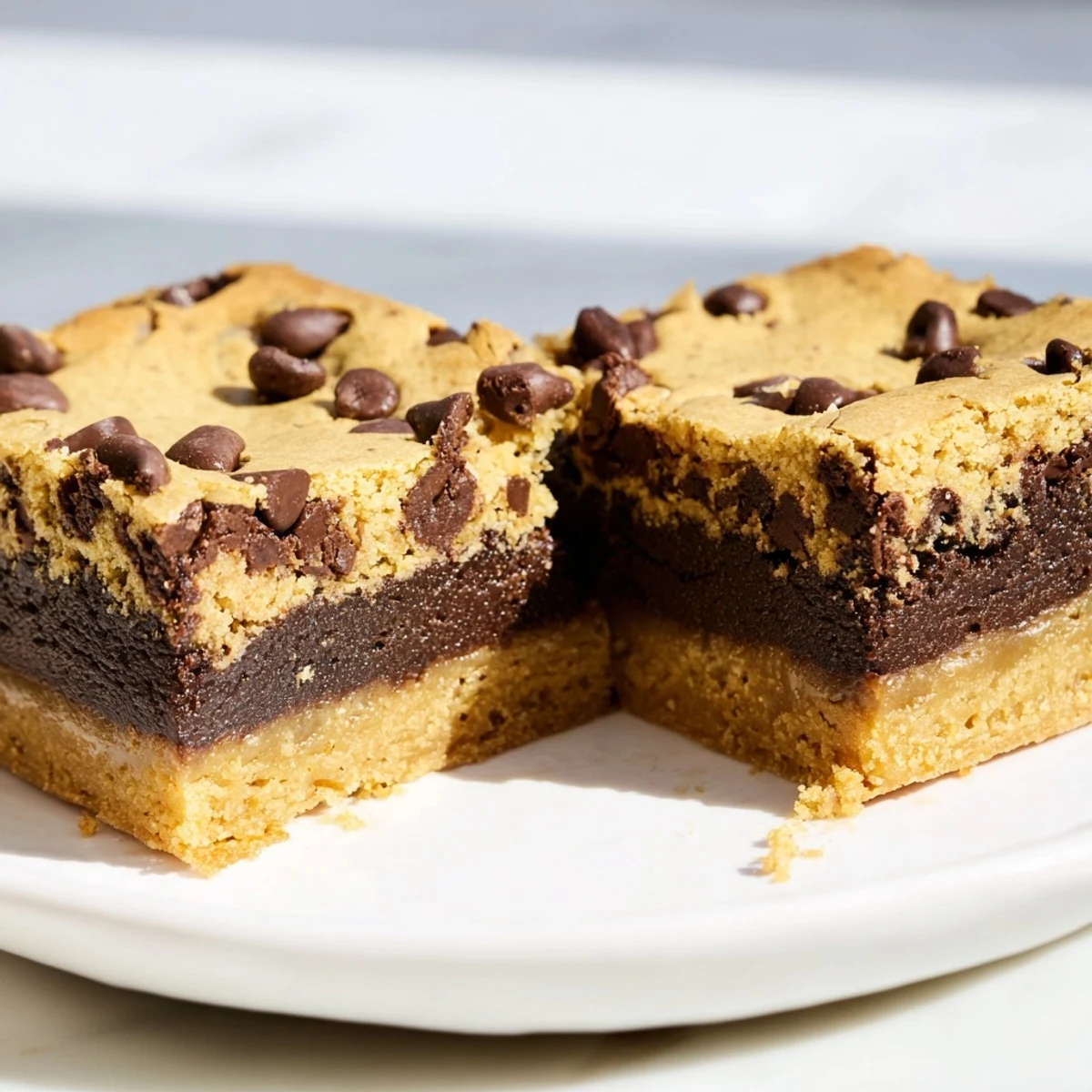 Freshly baked chocolate chip cookie brownies cooling on a wire rack with gooey chocolate centers
