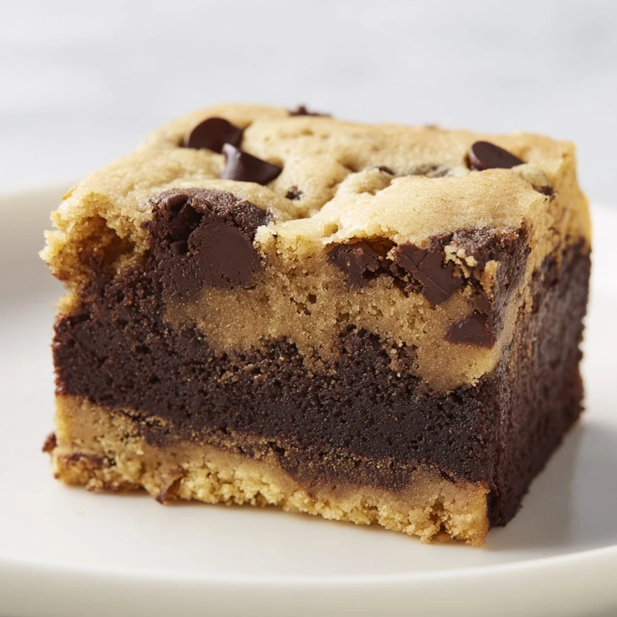 Sliced chocolate chip cookie brownies showing two delicious layers of cookie dough and rich chocolate brownie