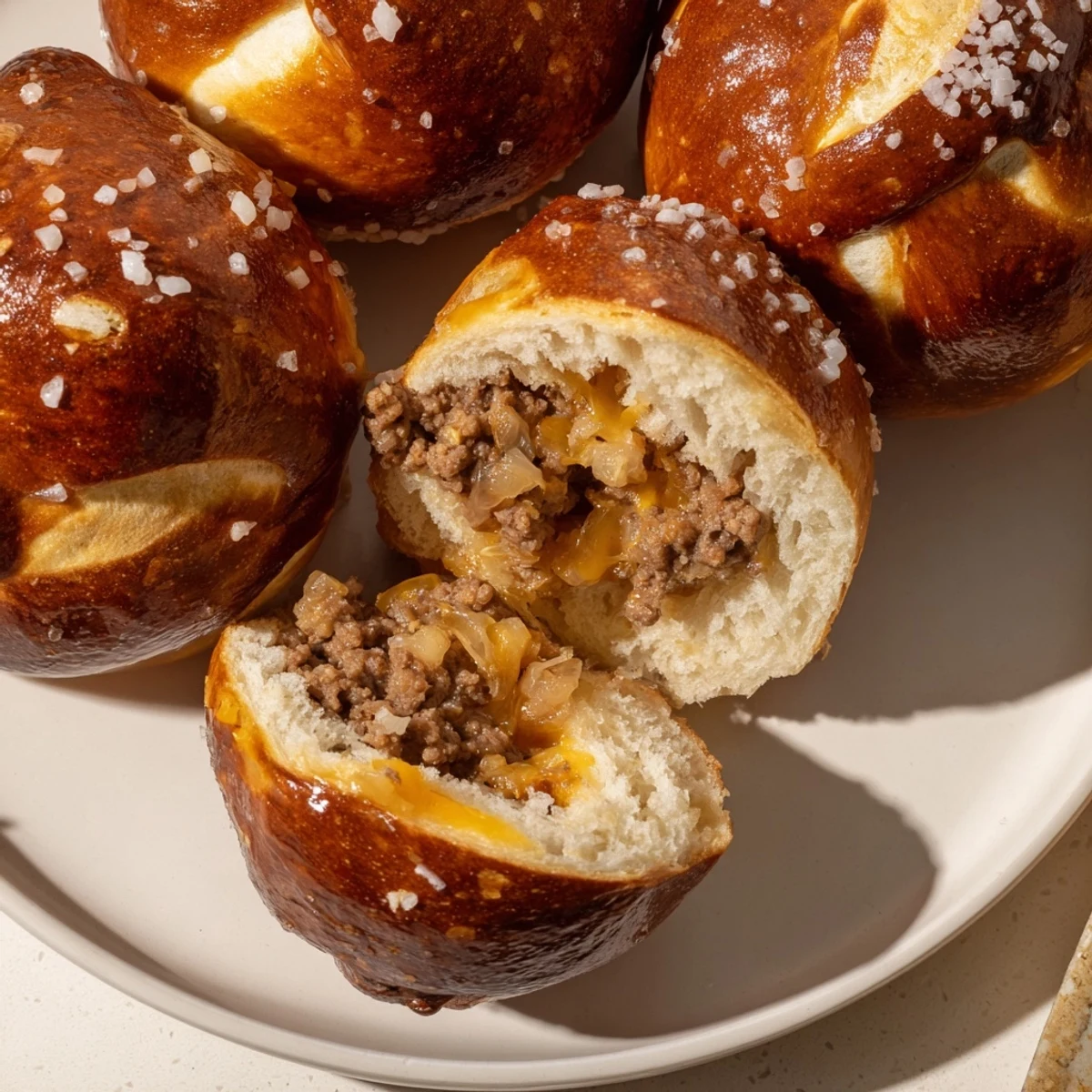 Golden brown cheeseburger pretzel bombs with melty cheddar on a rustic wooden board