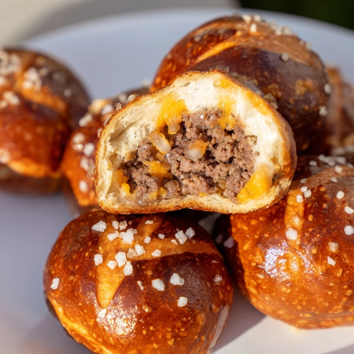 Soft pretzel bites stuffed with seasoned ground beef and shredded cheddar cheese filling