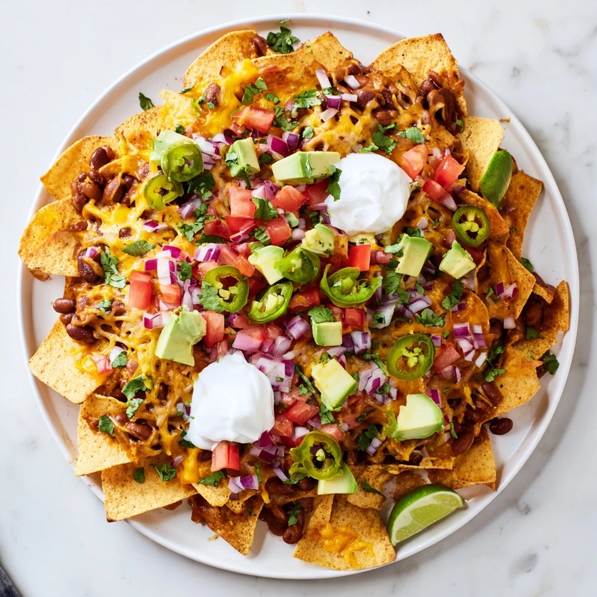 Golden baked bean nachos loaded with melted cheddar and monterey jack cheese on crispy tortilla chips