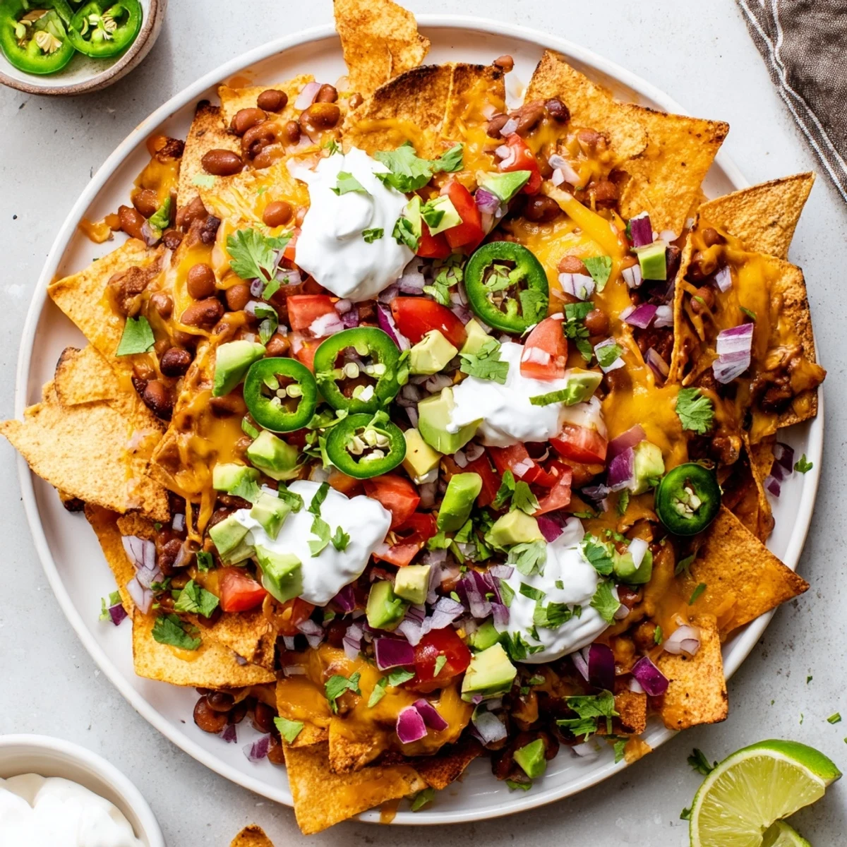Crowd-pleasing baked bean nachos platter bubbling with cheese and garnished with red onion jalapeño slices