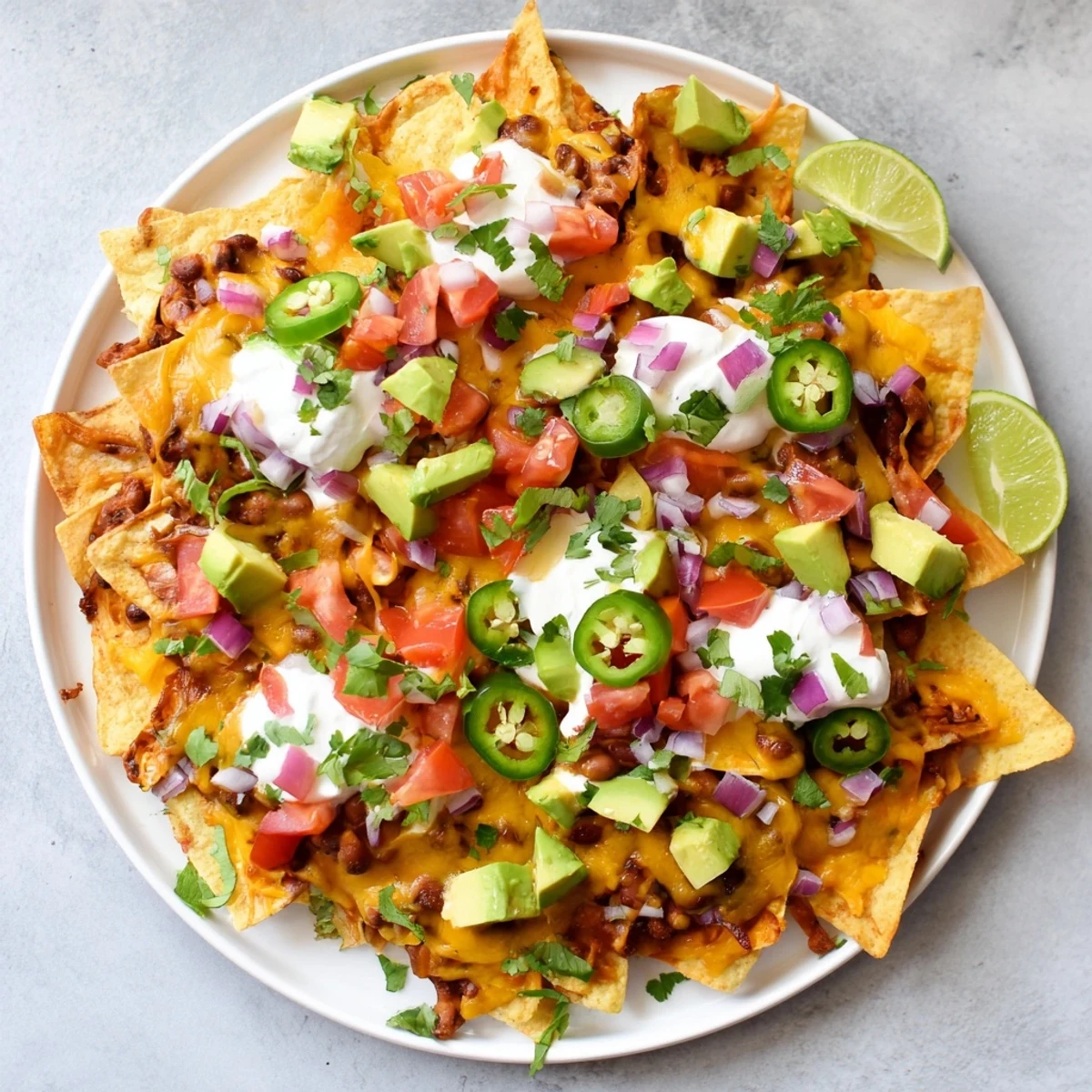Hearty baked bean nachos topped with fresh diced tomatoes avocado cilantro and creamy sour cream