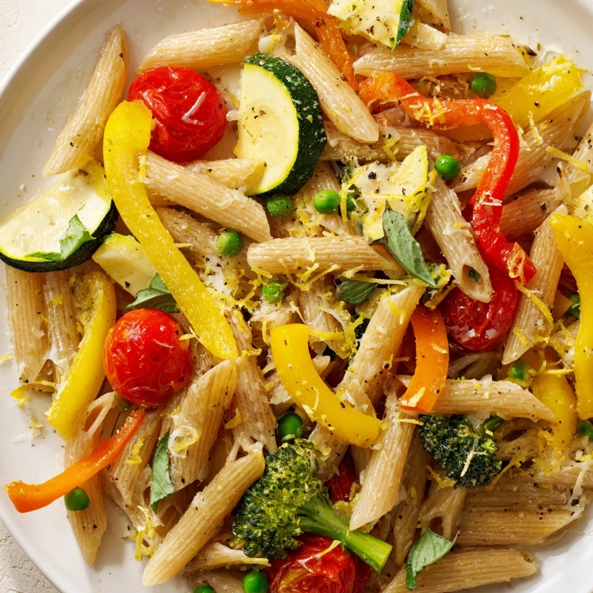 Colorful pasta primavera featuring crisp zucchini, bell peppers, and cherry tomatoes in a light lemon Parmesan sauce
