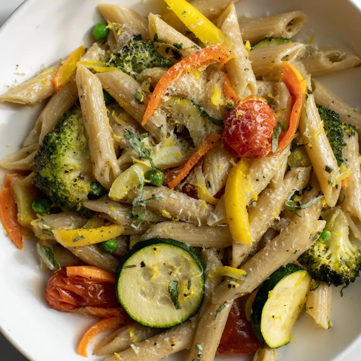 Hearty pasta primavera with al dente penne, tender broccoli florets, and golden grated cheese topping