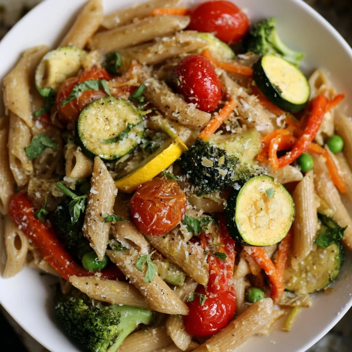 Steamy bowl of pasta primavera tossed with vibrant spring vegetables and fresh basil garnish