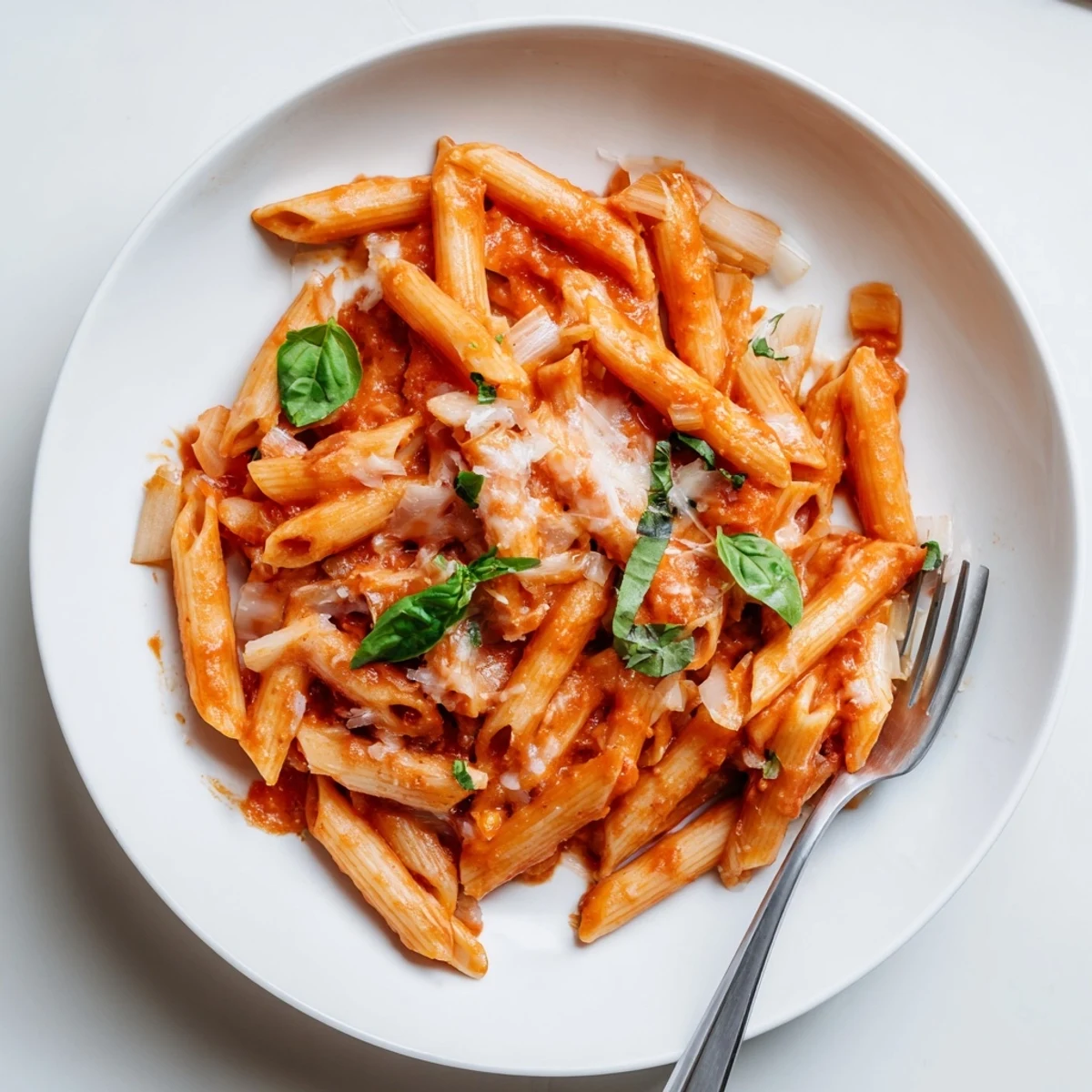 Golden penne pasta coated in vibrant red tomato sauce with fresh basil and Parmesan