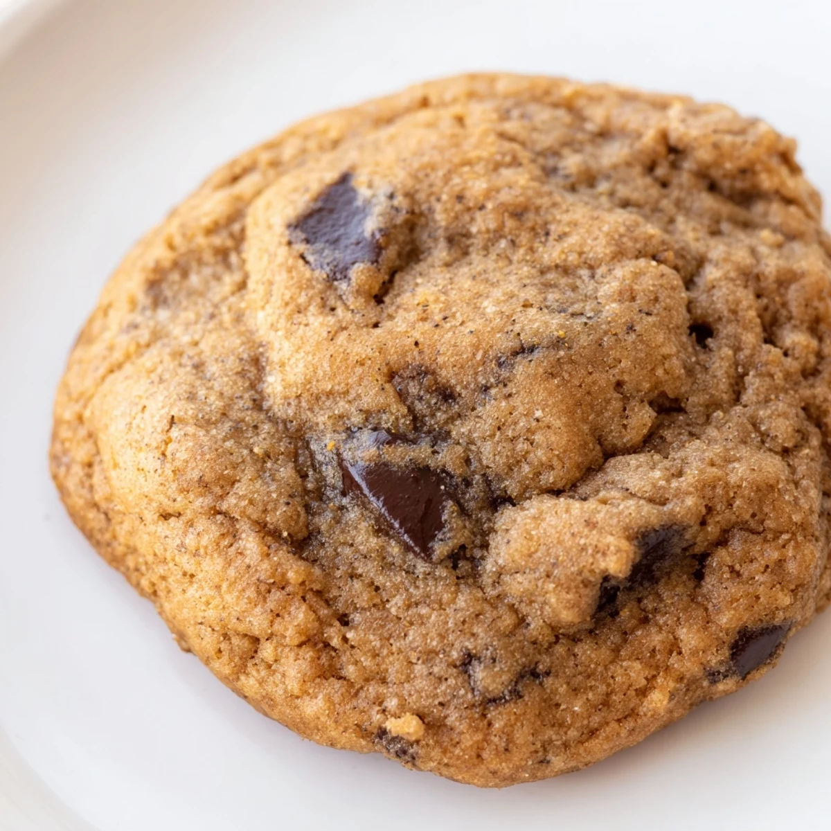 Chewy pumpkin spice chocolate chip cookies with melted chocolate chips on white plate