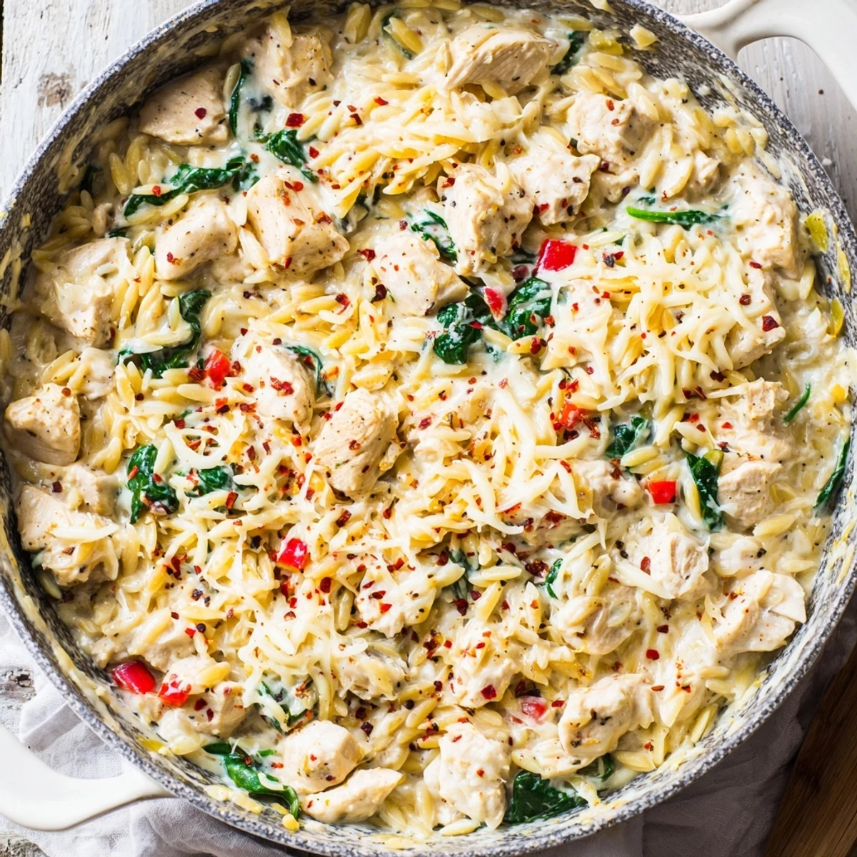 Creamy thirty minute cheesy chicken risoni skillet topped with melted mozzarella and fresh spinach