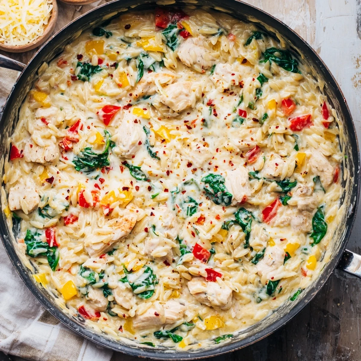 Golden brown chicken pieces mixed with risoni in a savory parmesan mozzarella cream sauce