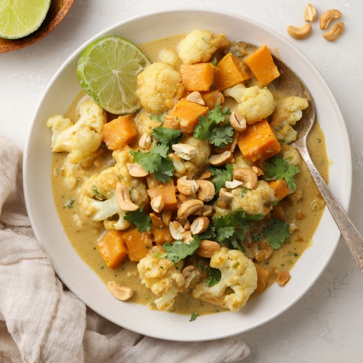 Creamy kumara cauliflower cashew korma curry garnished with toasted nuts and fresh cilantro
