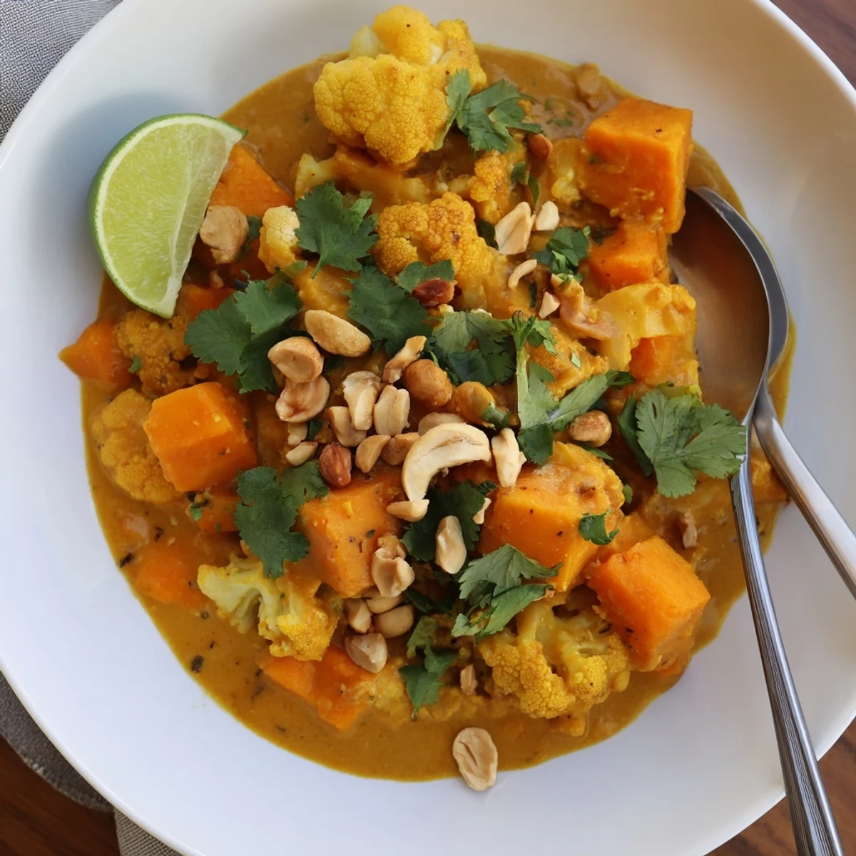 Vegetarian korma curry bowl featuring sweet potato cauliflower and crunchy toasted cashews