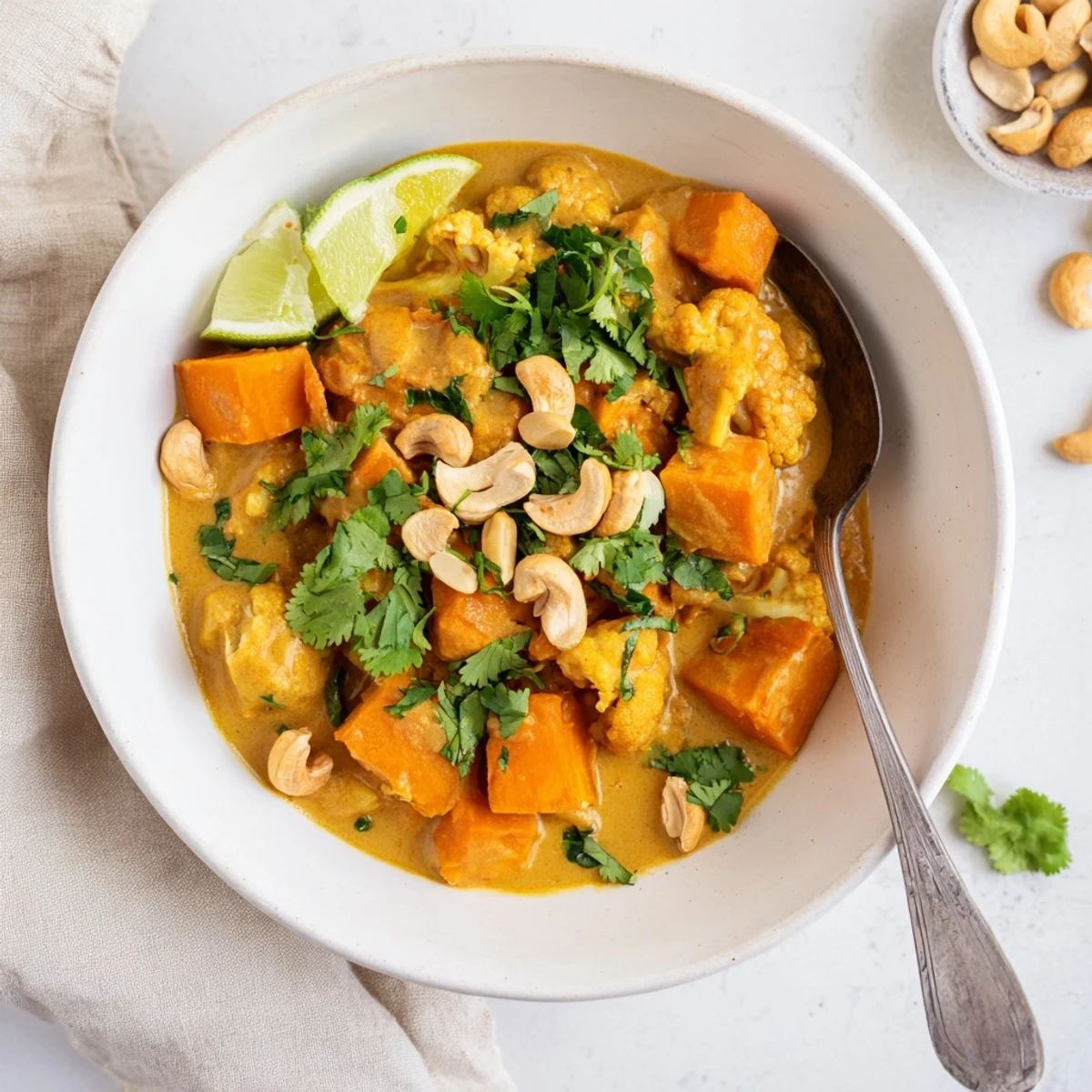 Golden kumara and cauliflower florets simmered in rich coconut korma sauce with cashew topping