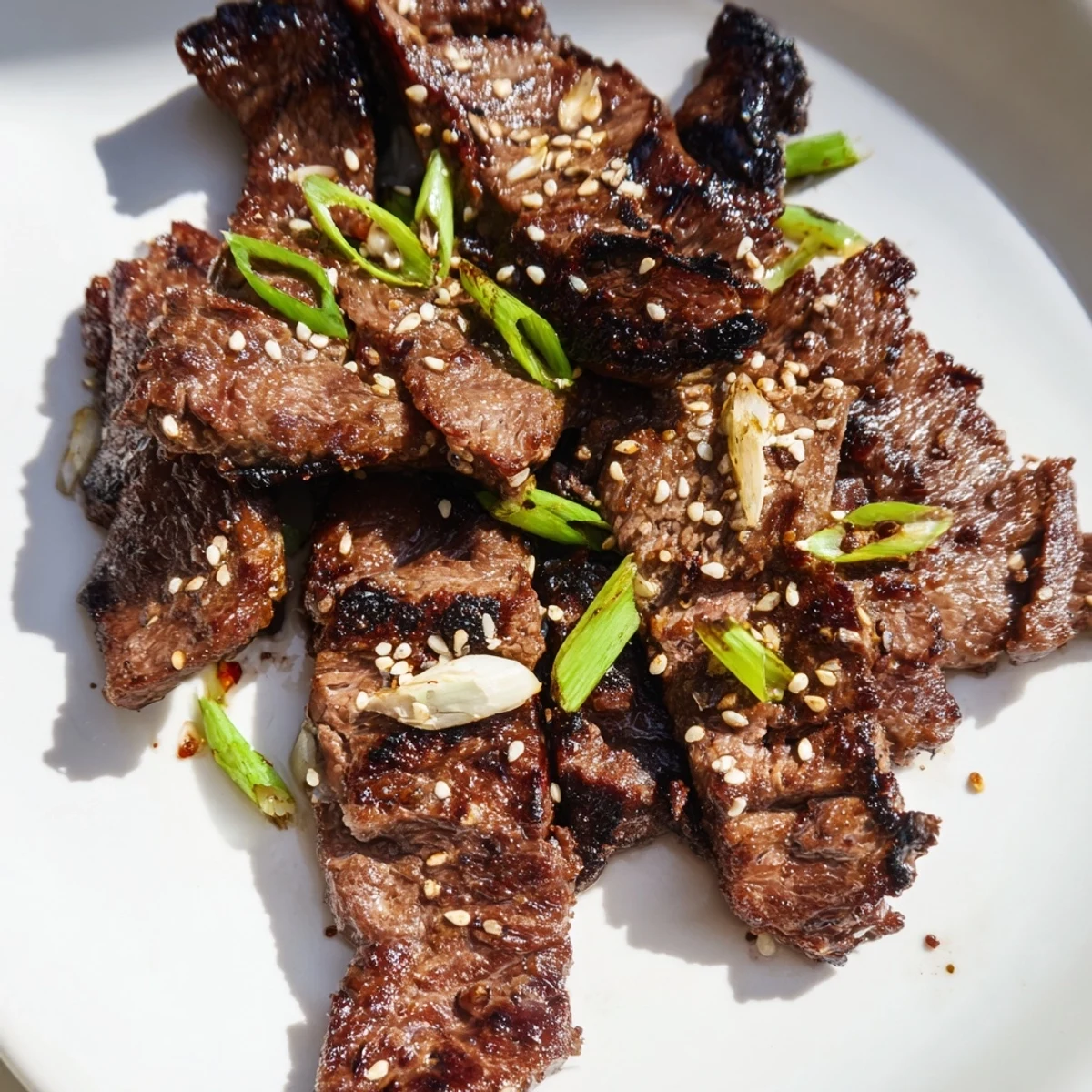 Golden Korean Galbi grilled ribs with caramelized char marks and sesame seed garnish