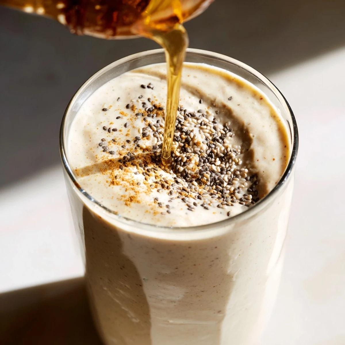 Ripe banana Greek yogurt smoothie in a clear glass showing its creamy pale yellow texture