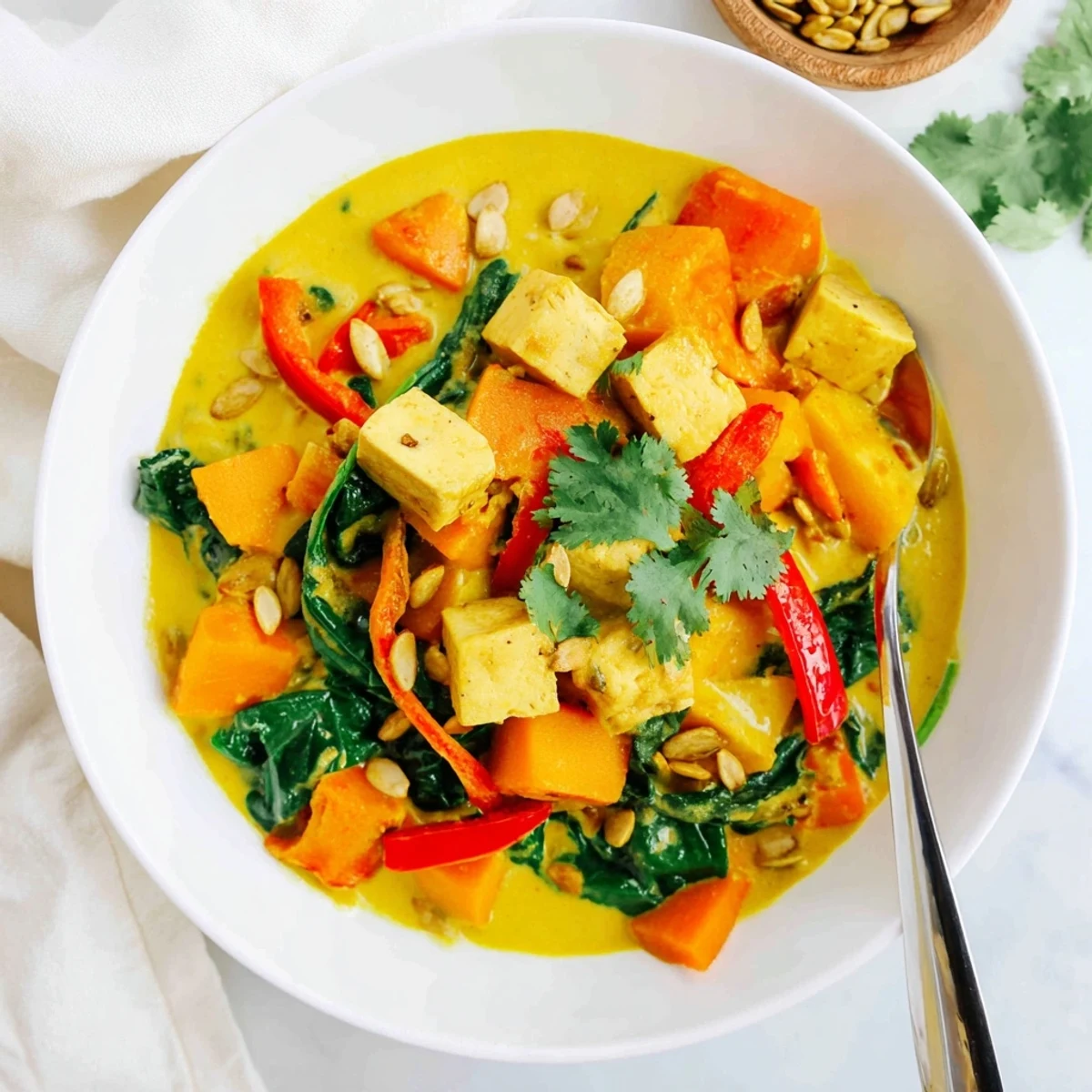 Golden pumpkin cubes and crispy tofu float in rich coconut curry sauce with fresh spinach wilted throughout.