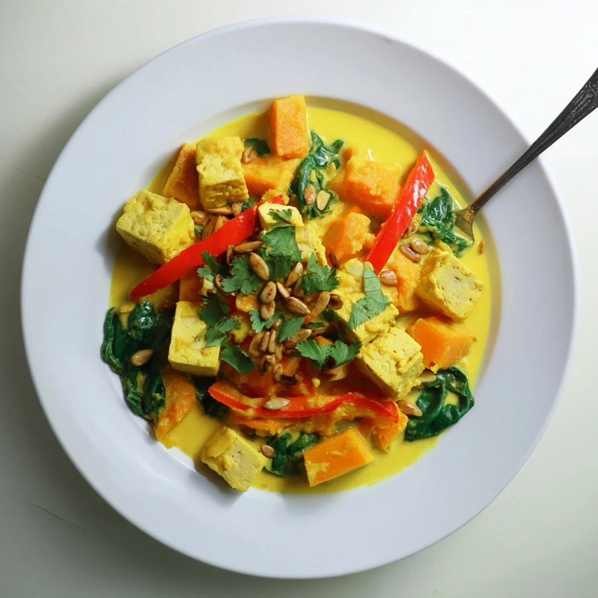 Creamy coconut-based pumpkin curry with golden pan-fried tofu chunks, tender vegetables, and bright lime garnish.