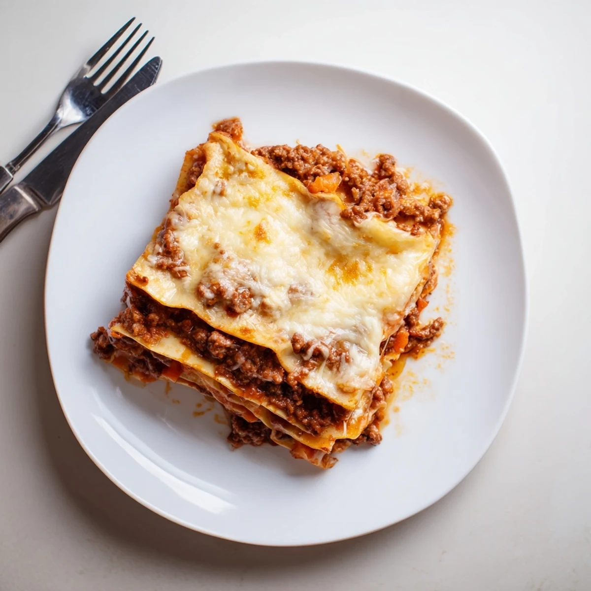 Golden bubbly classic beef lasagne with layers of rich meat ragu and melted mozzarella cheese