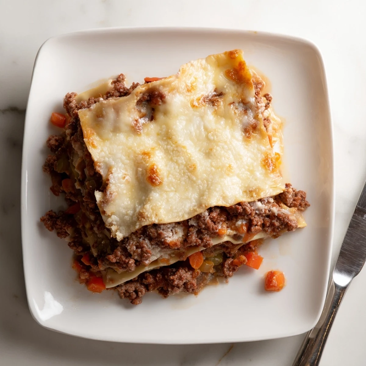Baked classic beef lasagne topped with golden parmesan and bubbling cheese layers in a casserole dish