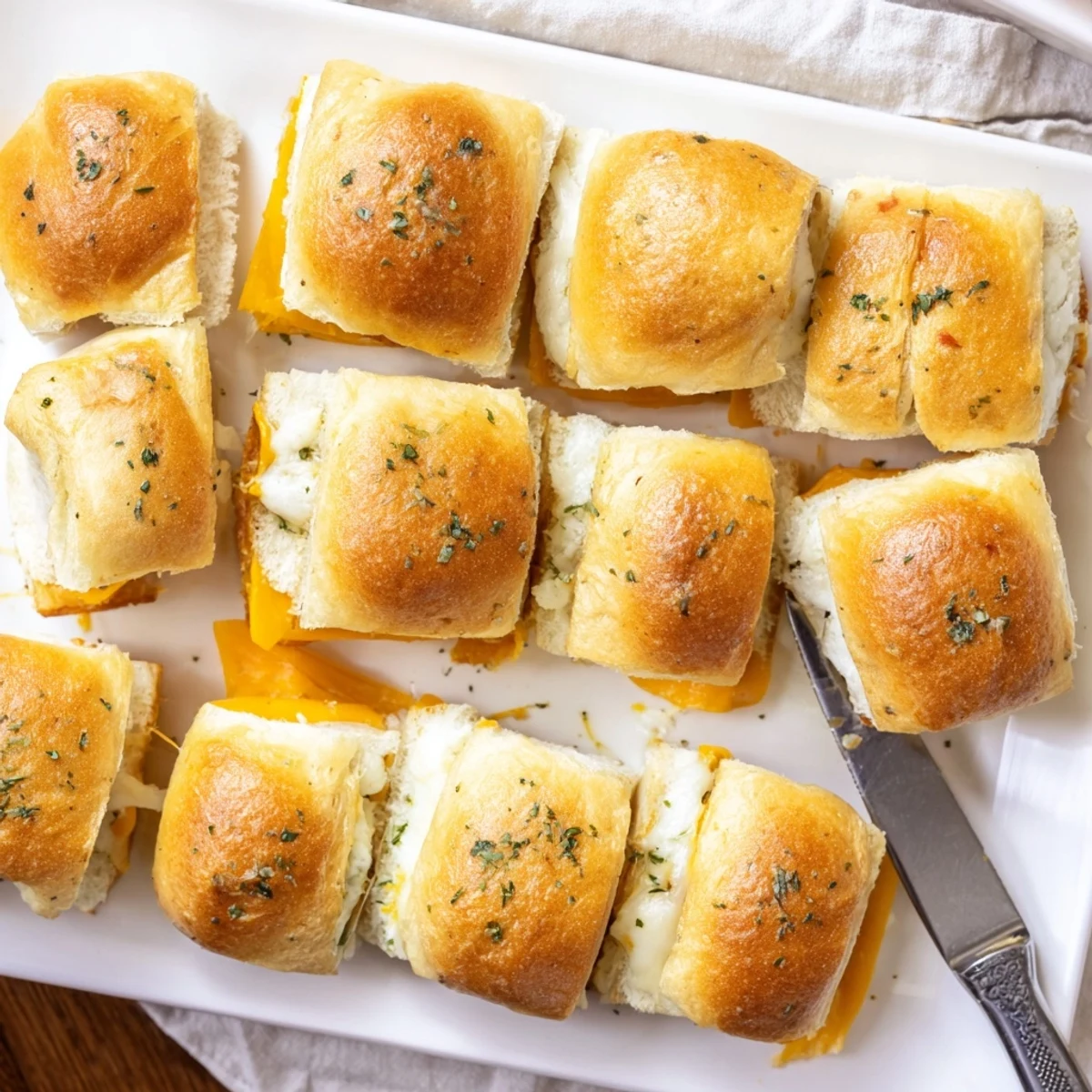 Golden brown mini grilled cheese Hawaiian rolls with melted cheddar cheese on a white plate