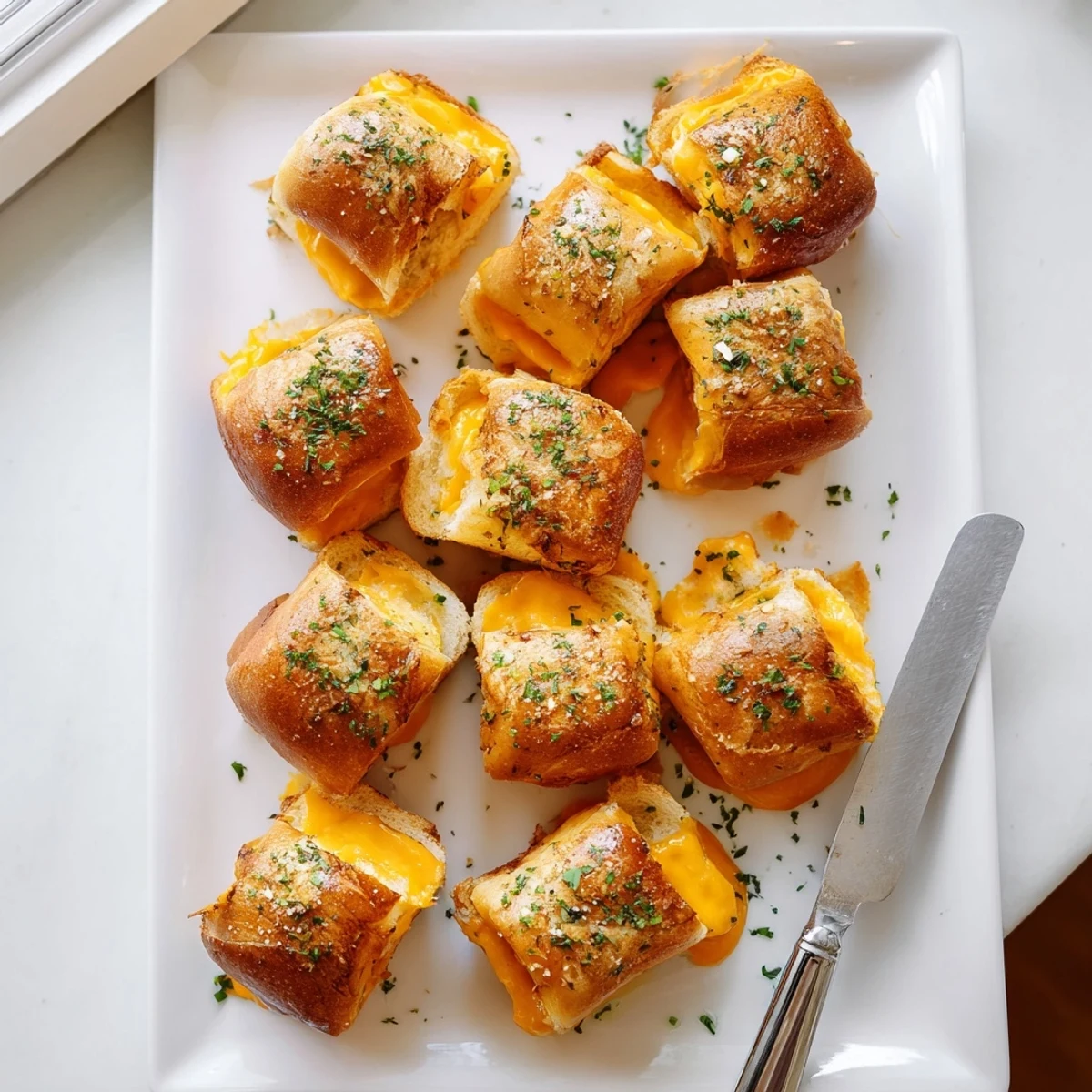 Batch of twelve warm grilled cheese Hawaiian rolls arranged on a baking sheet for serving