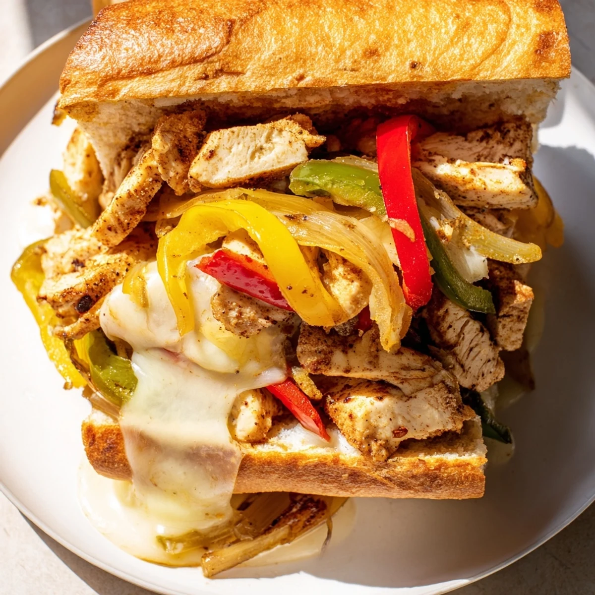 Golden hoagie roll piled high with seasoned chicken, colorful peppers, onions, and melted provolone cheese for ultimate chicken cheese steak sandwiches