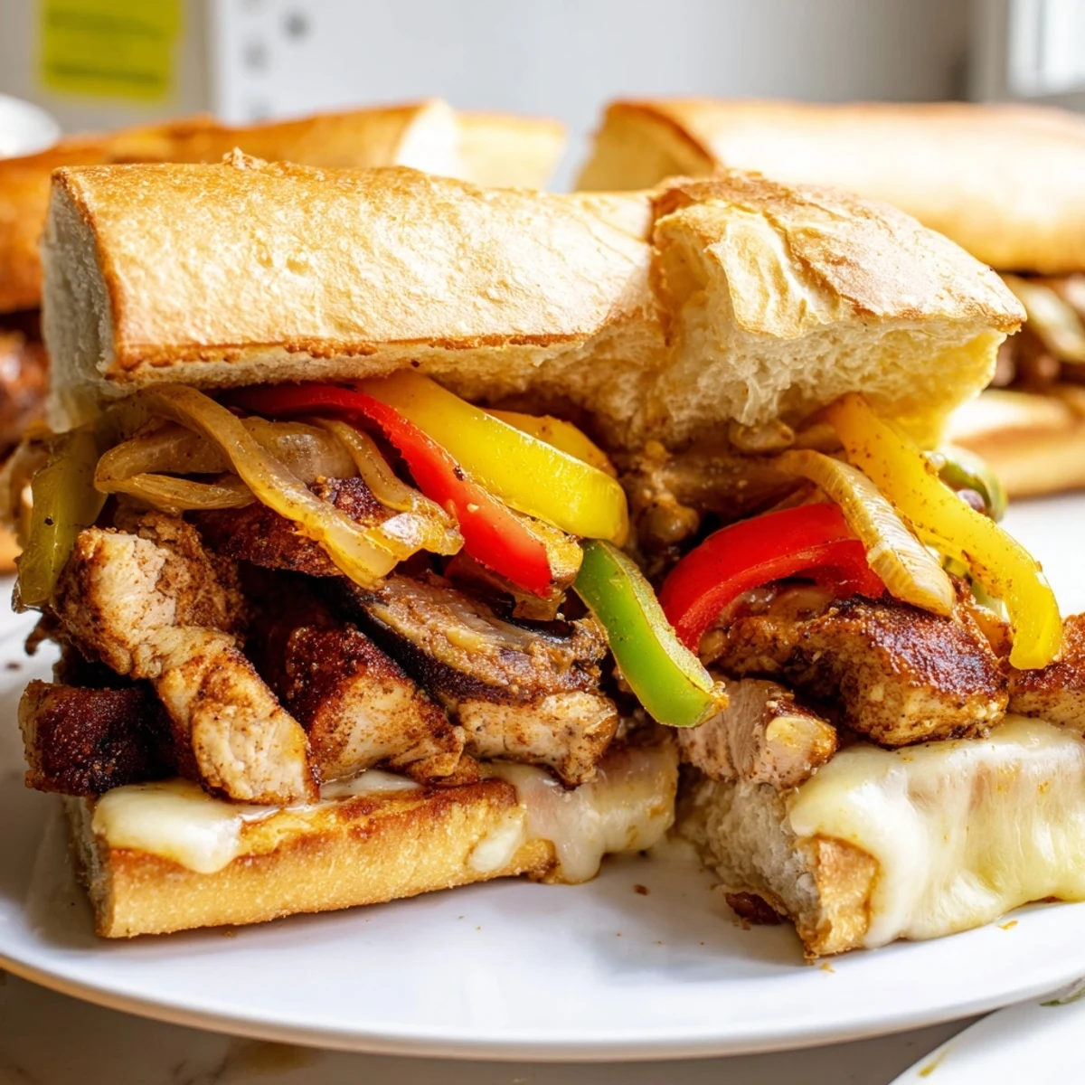 Mouthwatering chicken cheese steak sandwich featuring tender spiced chicken, caramelized vegetables, and bubbling provolone on a warm toasted roll