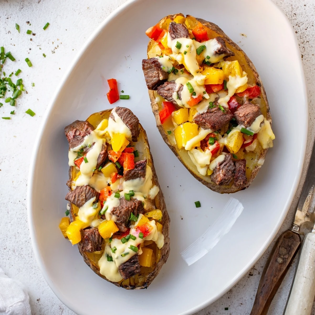 Golden baked potatoes stuffed with savory steak cubes and drizzled with rich Parmesan cream sauce