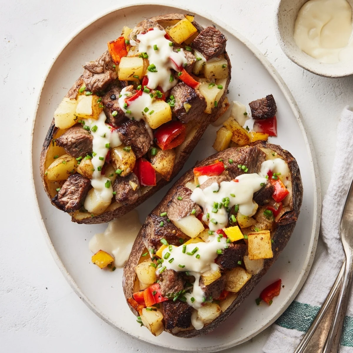 Fluffy russet potatoes loaded with tender sirloin, colorful bell peppers, and velvety white cheese sauce