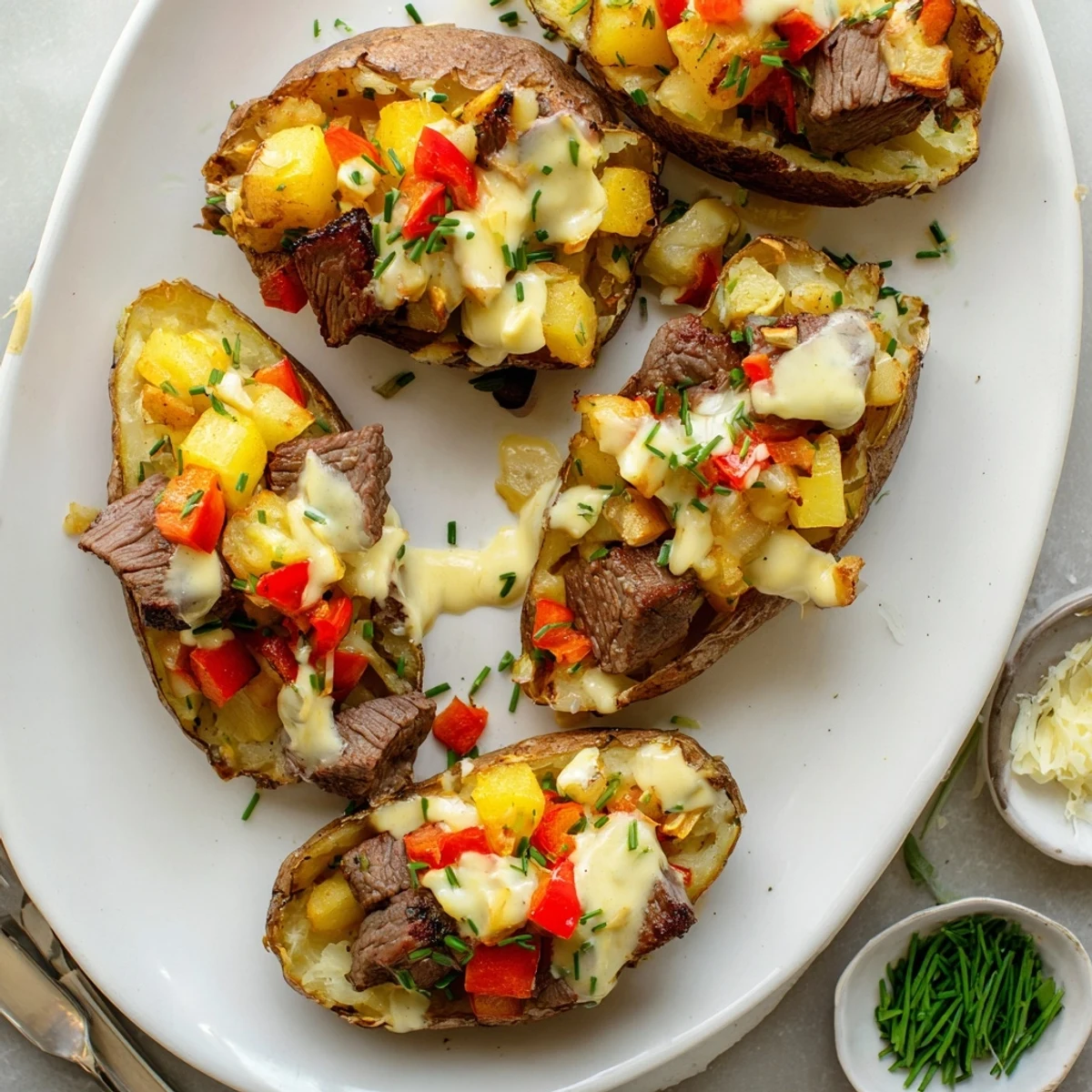 Comforting steak stuffed baked potatoes topped with warm Parmesan cream sauce and fresh green chives