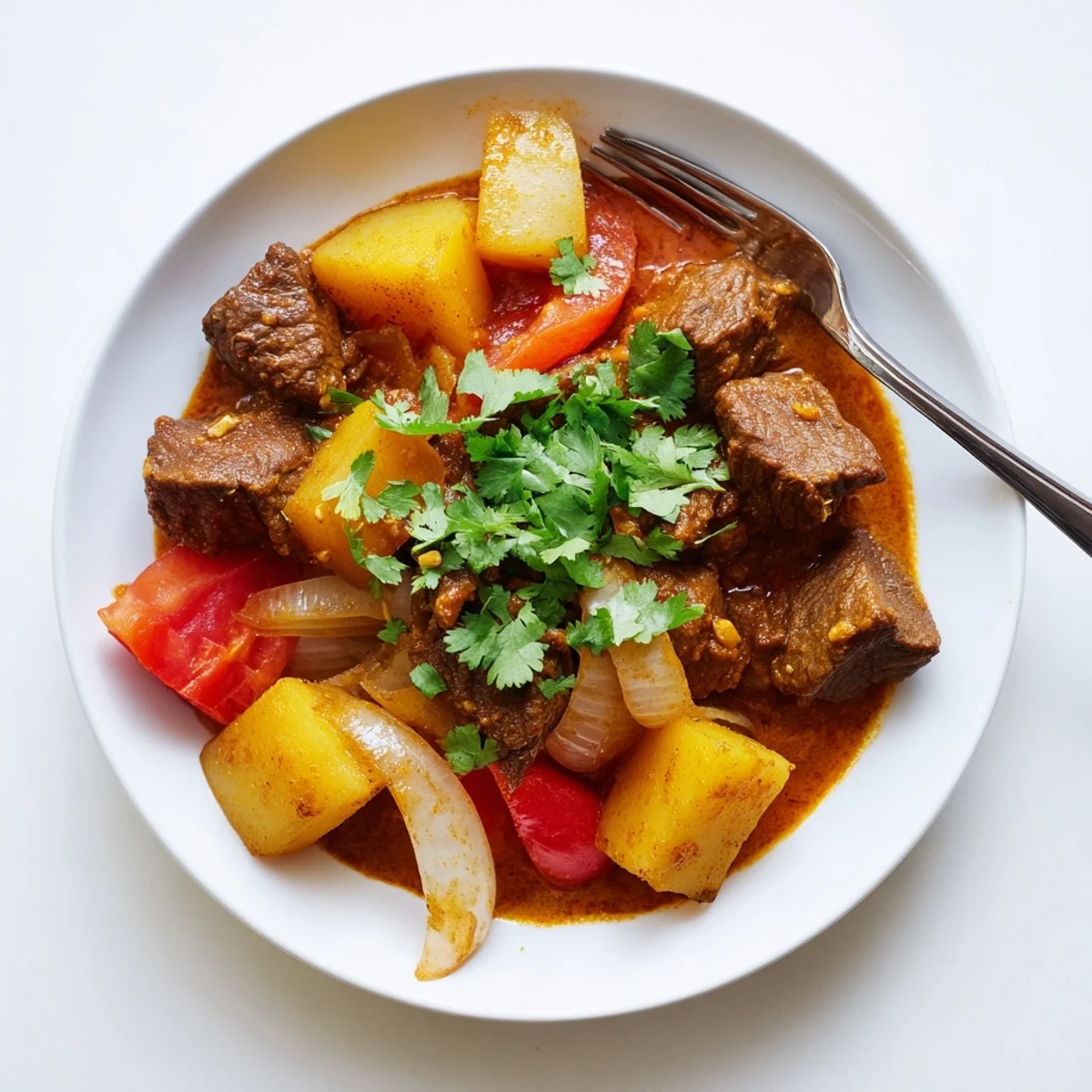 Garnished slow cooker Indian beef curry served over fluffy white rice with fresh cilantro