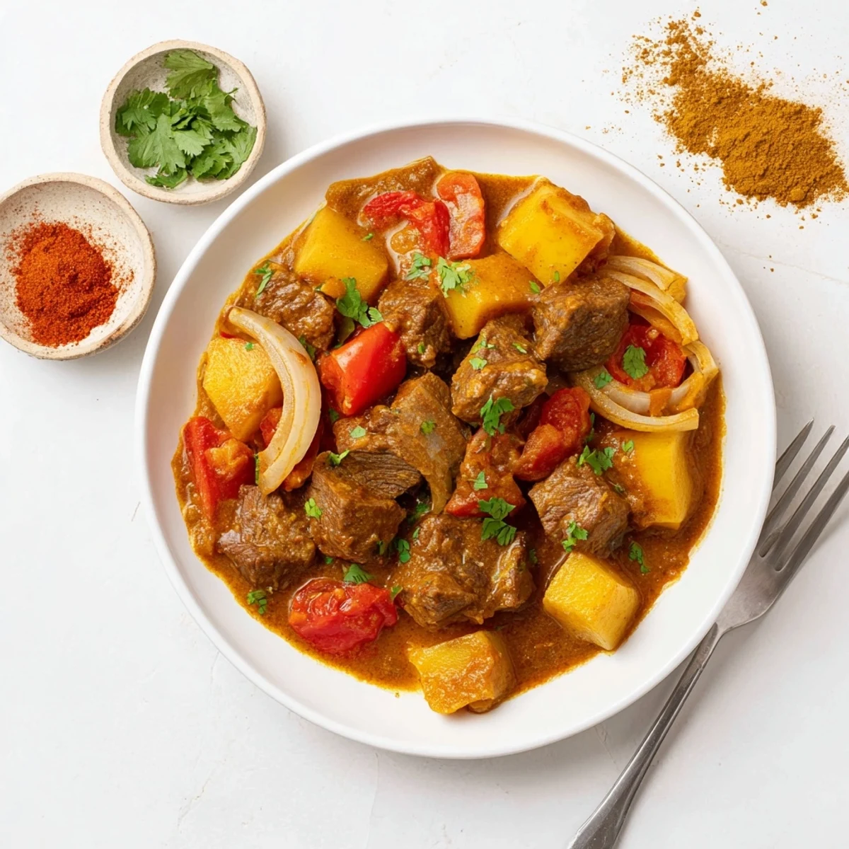 Rich spiced beef curry bubbling in slow cooker with onions, tomatoes, and vibrant yellow sauce