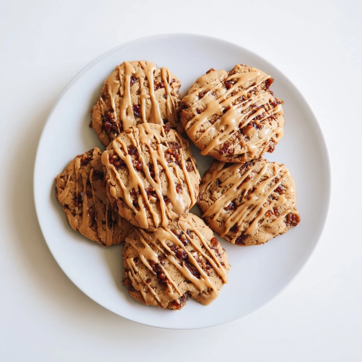 Soft chewy sticky toffee pudding cookies drizzled with warm brown sugar glaze on white plate