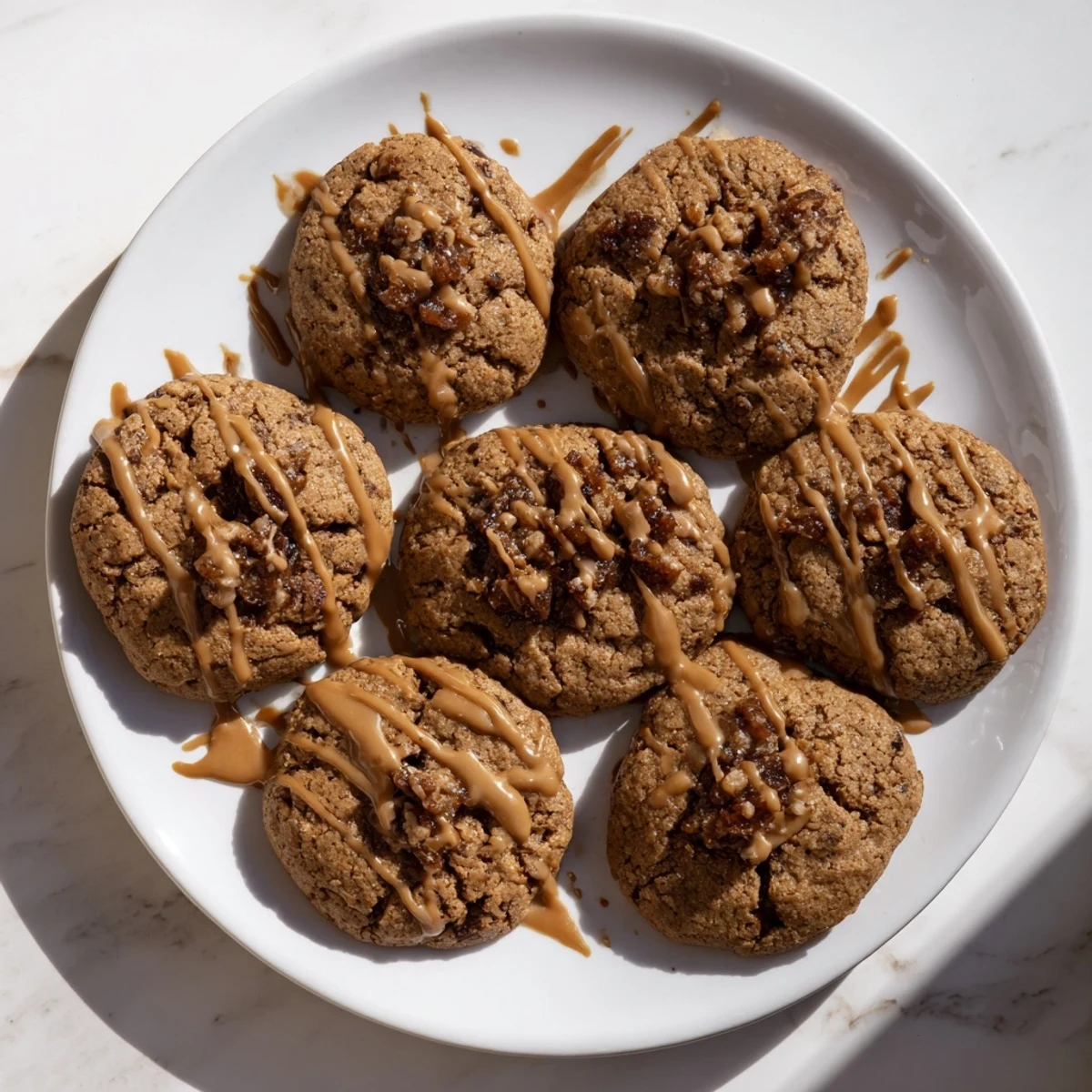 Batch of homemade sticky toffee pudding cookies with glossy toffee glaze and sea salt sprinkle